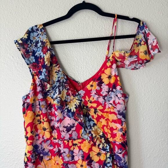 Lulu’s Red Radiant Ruby Floral Chiffon Asymmetrical Dress Size XL - Picture 4 of 7